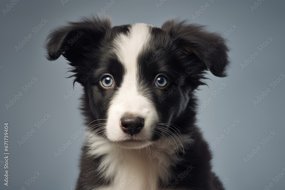 A Playful Black and White Puppy with Mesmerizing Blue Eyes