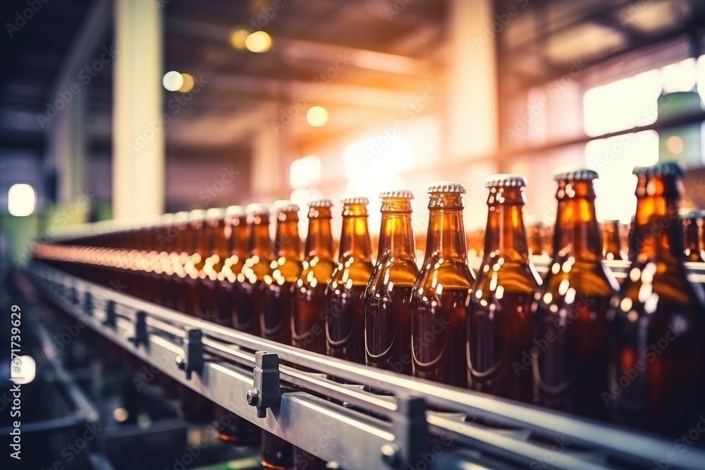 A Refreshing Lineup of Bottled Brews on a Conveyor Belt