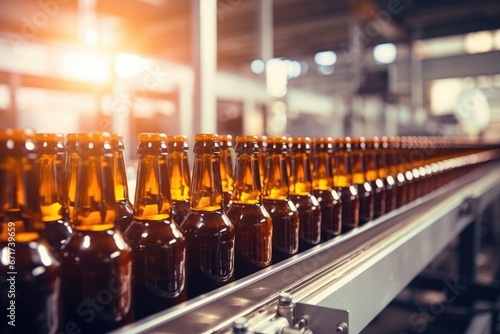 A Line of Beer Bottles on a Conveyor Belt