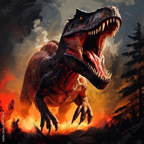 AI generated illustration of a roaring Tyrannosaurus Rex in a burning forest © Wirestock