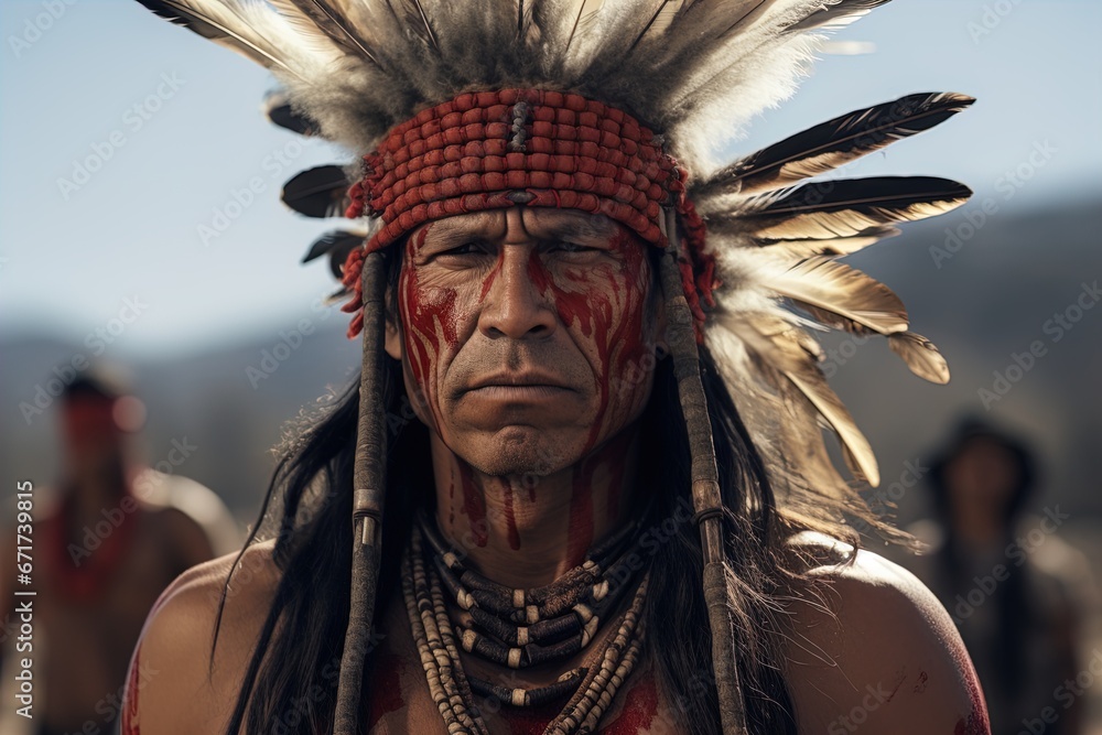 A fierce Native American warrior in traditional dress. A fierce Native American warrior in traditional dress.