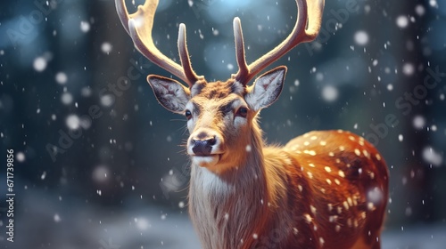 Adorable Reindeer Portrait with Snowy Blur Background