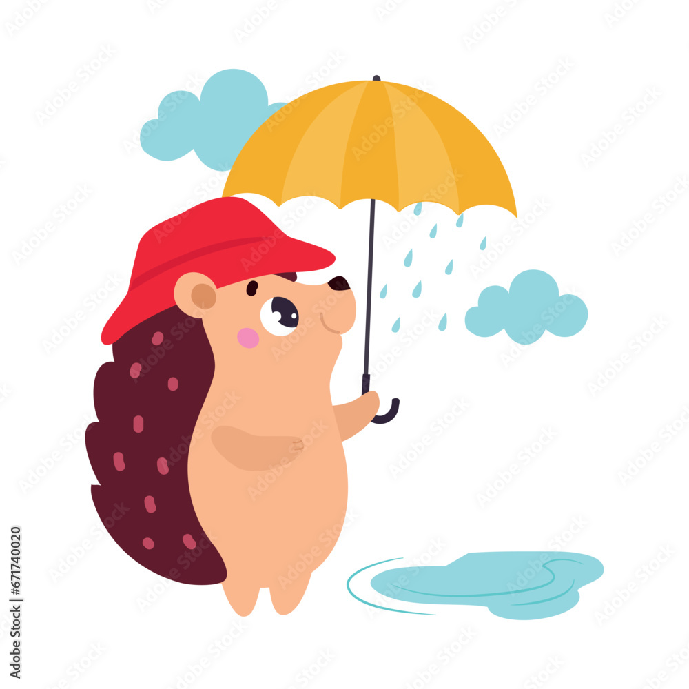Cute Hedgehog Character Walk with Umbrella in Rain Vector Illustration