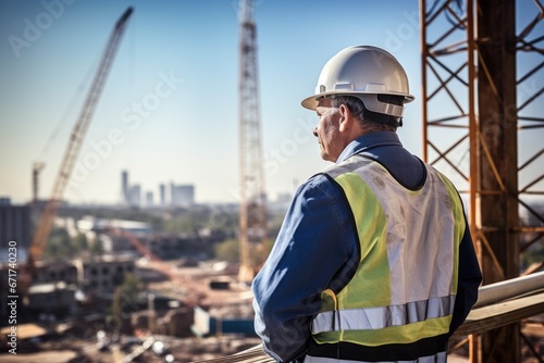 Construction Site Inspection: Worker in Hard Hat Assessing Project Progress