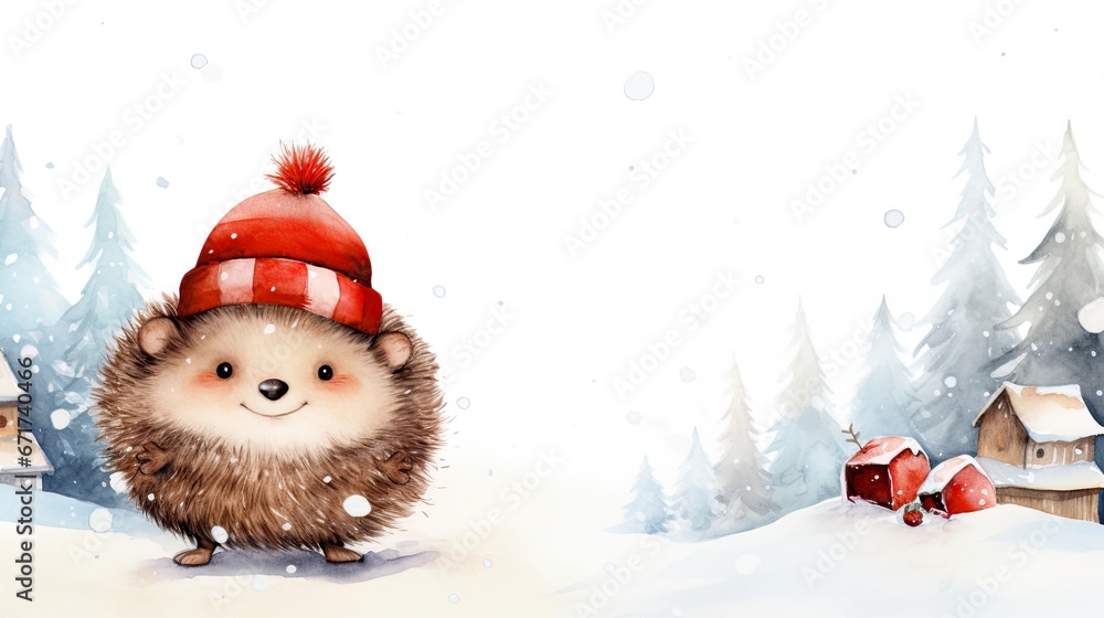 Fototapeta premium Cute hedgehog with winter stripped hat in a snowy winter landscape. Cute watercolor illustration for children, students and young-minded people.