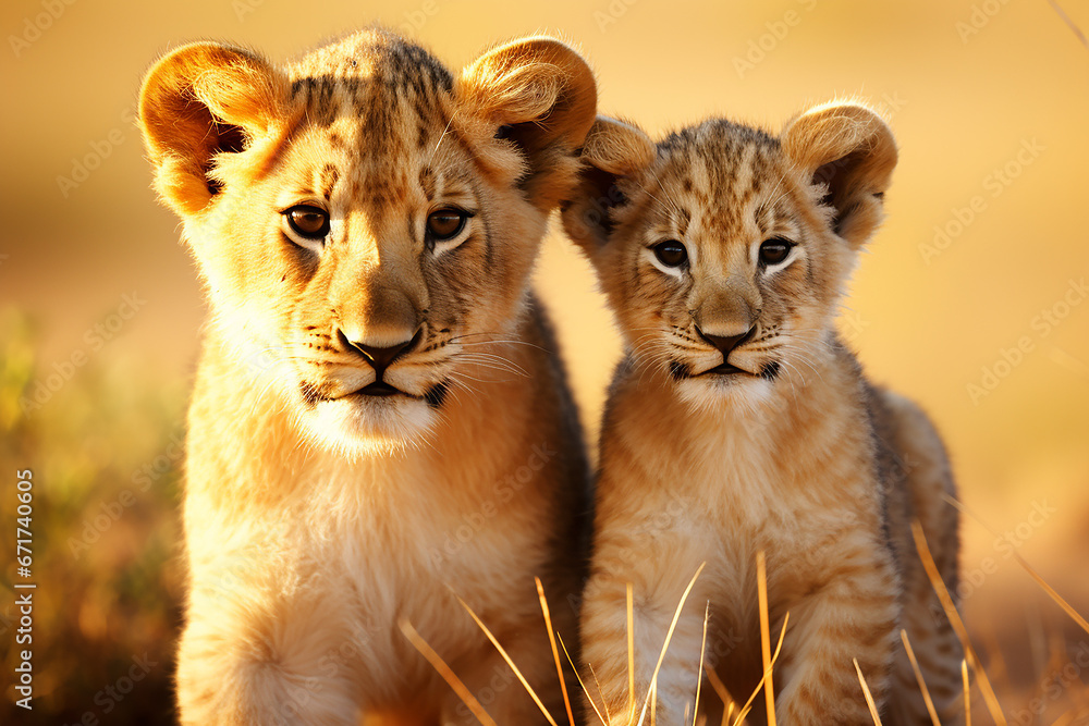 Lions family, little lion cub and adult lion in nature together Lions family, little lion cub and adult lion in nature together