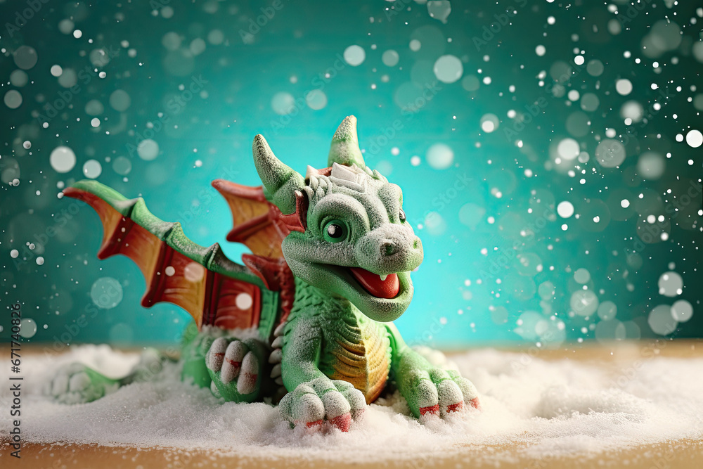 Toy green dragon on a snowy surface with falling snowflakes background. New Year symbol. Toy green dragon on a snowy surface with falling snowflakes background. New Year symbol.