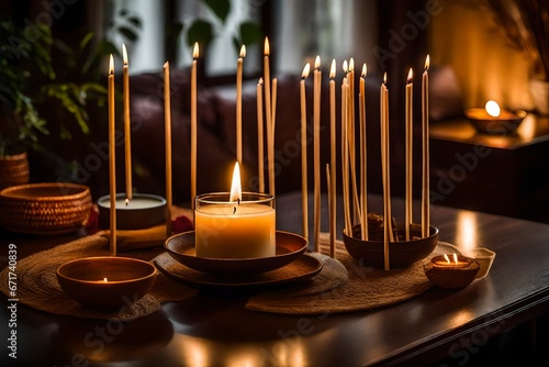 burning candles in a room, Scented candles and aroma incense sticks on table in living room photo