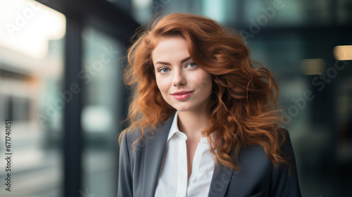 Smiling redhead entrepreneur, in blazer with construction site background.