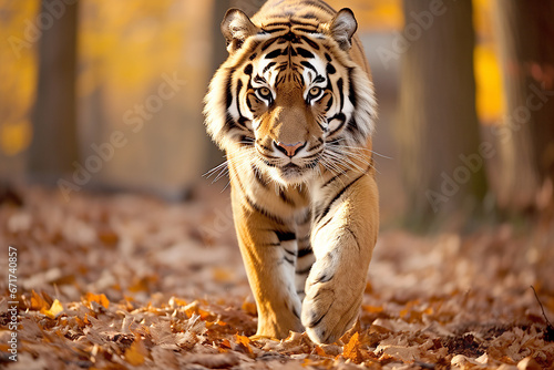 Adult wild beautiful tiger walking and hunting in nature photo