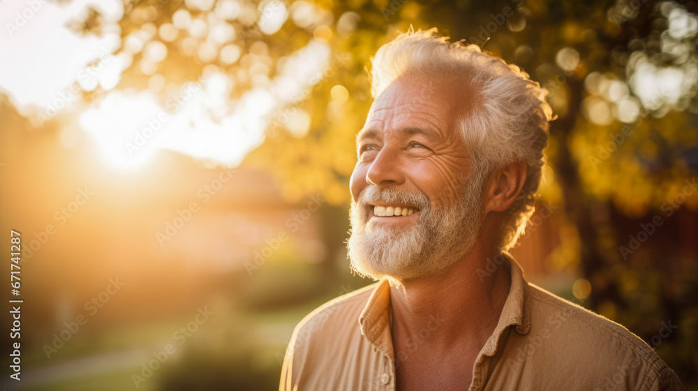 A senior man smiling at the sun with his gray hair. A senior man smiling at the sun with his gray hair.