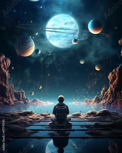 AI generated illustration of an astronaut in a space suit overlooking the planets