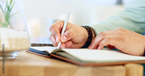 Writing, notebook and hands with pen for journal, diary entry and creative ideas on desk. Thinking, books and closeup of person for planning, schedule and agenda or to do list, calendar and notes