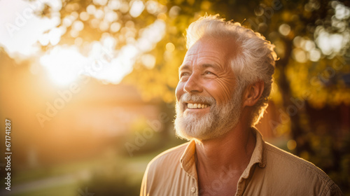 A senior man smiling at the sun with his gray hair.