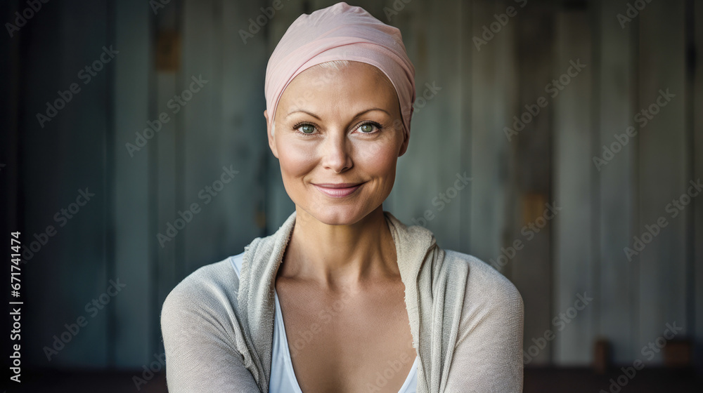 A woman smiles wearing a cancer turban. A woman smiles wearing a cancer turban.