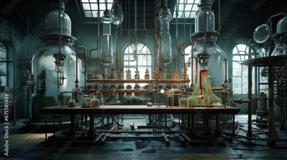 An old, musty laboratory with unknown contraptions and test tubes