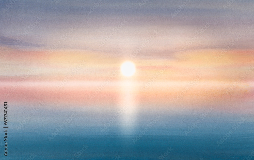The sun is reflected in the water. Watercolor background. The seascape is painted with a brush on professional cotton paper.