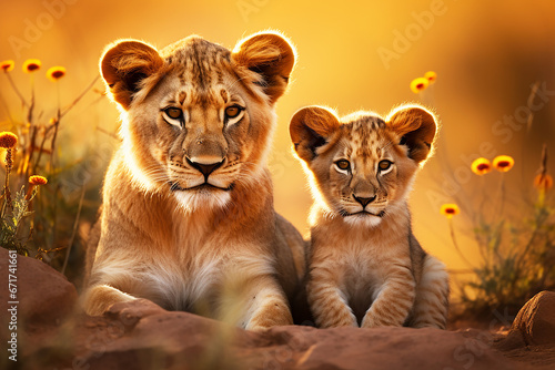 Lions family  little lion cub and adult lion in nature together