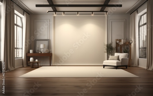 Elegant cream studio mockup room with a soft floor, accented by a spotlight, perfect for showcasing products in style.