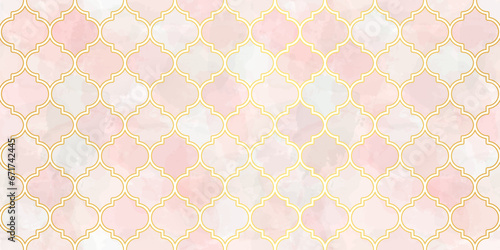 Moroccan Seamless Pattern. Arabic Mosaic Watercolor Ornament. Eid Mubarak Muslim Background. Ramadan Kareem Islamic Illustration. Turkish Mosque Window Shape.