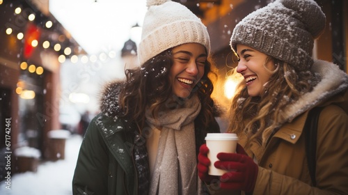 A young cheerful white female couple having a walk with hot drinks, dressed warm, looking at each other and laughing, snowflakes all around. Enjoying Snowy Evening, Generative ai