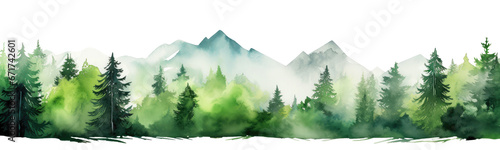 Watercolor mountains spruce trees landscape border, isolated hand drawn, watercolor illustration transparent background - Generative ai #671742601