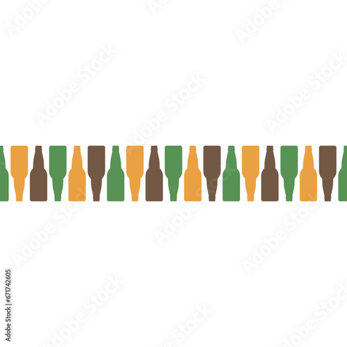 Many glass beer bottles stand in a long row. Seamless repeating pattern. Vector illustration.