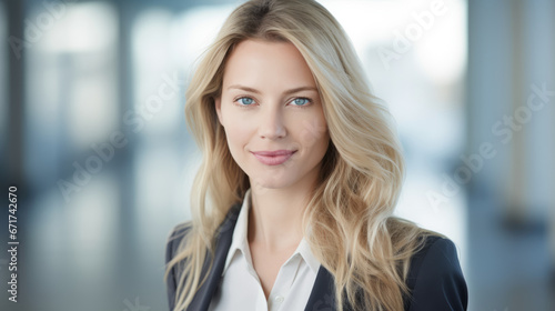 Smiling blonde businesswoman with flowing hair in open space