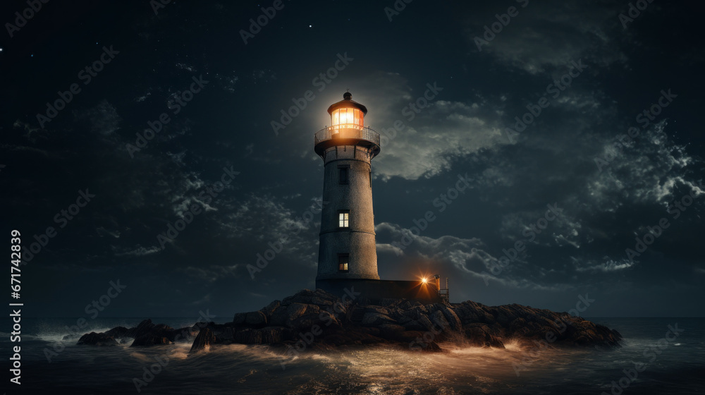 An old lighthouse stands atop a rocky cliff, its light piercing through the darkness of the night 