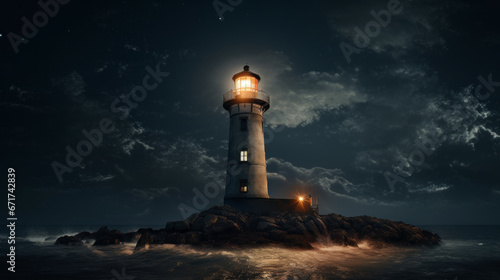 An old lighthouse stands atop a rocky cliff  its light piercing through the darkness of the night 