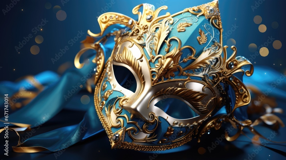 Festive Venetian carnival mask with gold decorations on dark blue background.