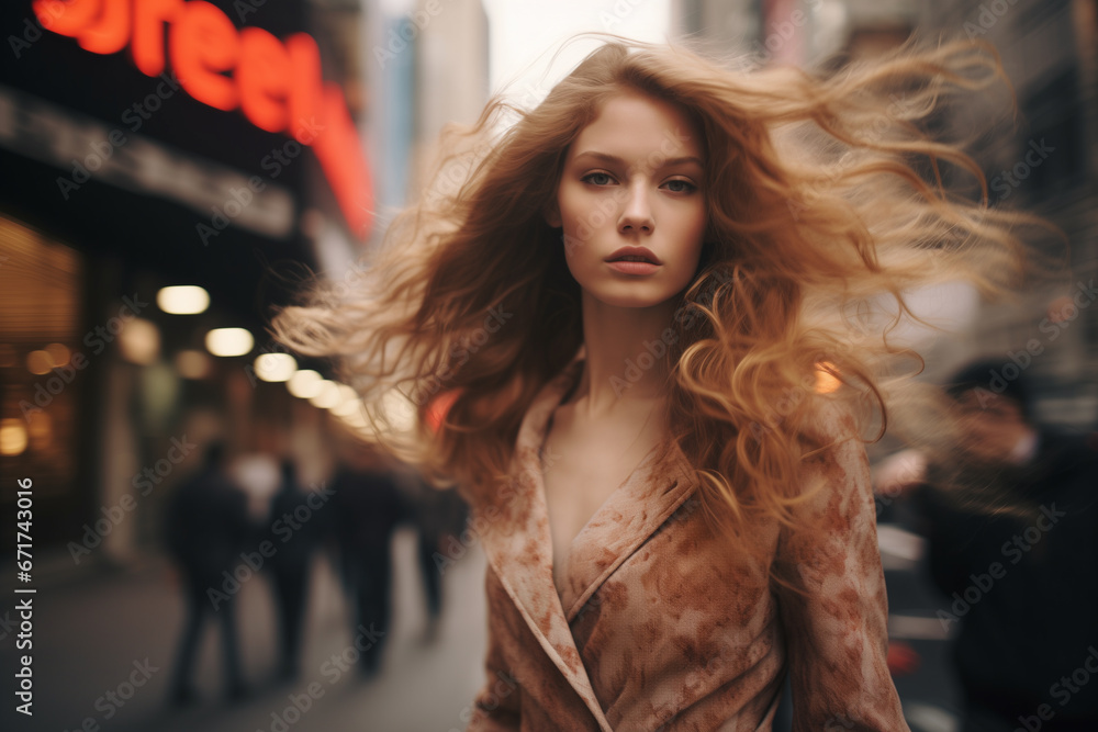 Blurred side angle of a female model in the background of a New York street in surreal fashion photography style Blurred side angle of a female model in the background of a New York street in surreal fashion photography style