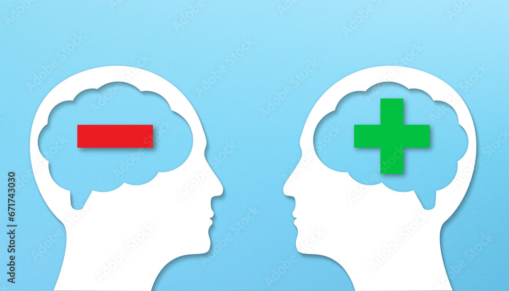 Positive and negative thinking, contrasts. Two heads silhouettes with