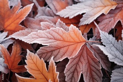 Frosty autumn morning. Hoarfrost on autumn leaves