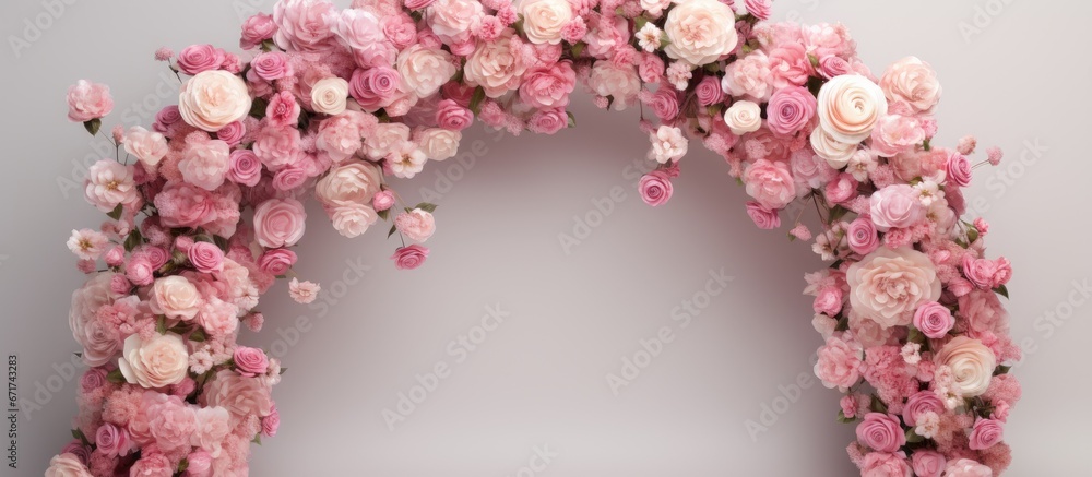Pink Roses Cute Arch Illustration of a front view isolated pink pastel rose arch on a gray ...