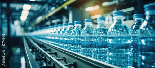 Automated production line in beverage factory makes purified drinking water