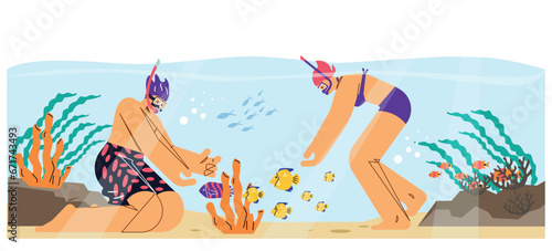 Snorkeling activity, vector couple in diving mask swimming in sea observing fauna of coral reef, marine adventures