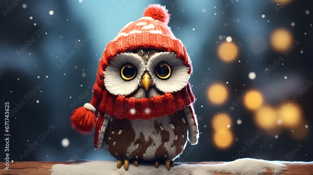 Adorable Owl Dressed in Christmas Outfits, Portrait Illustration