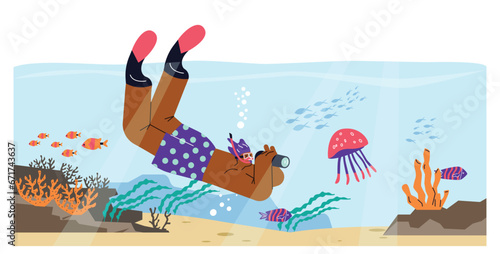 Scuba snorkeling activity, vector man in diving mask swimming in sea with camera observing coral reef, marine fauna