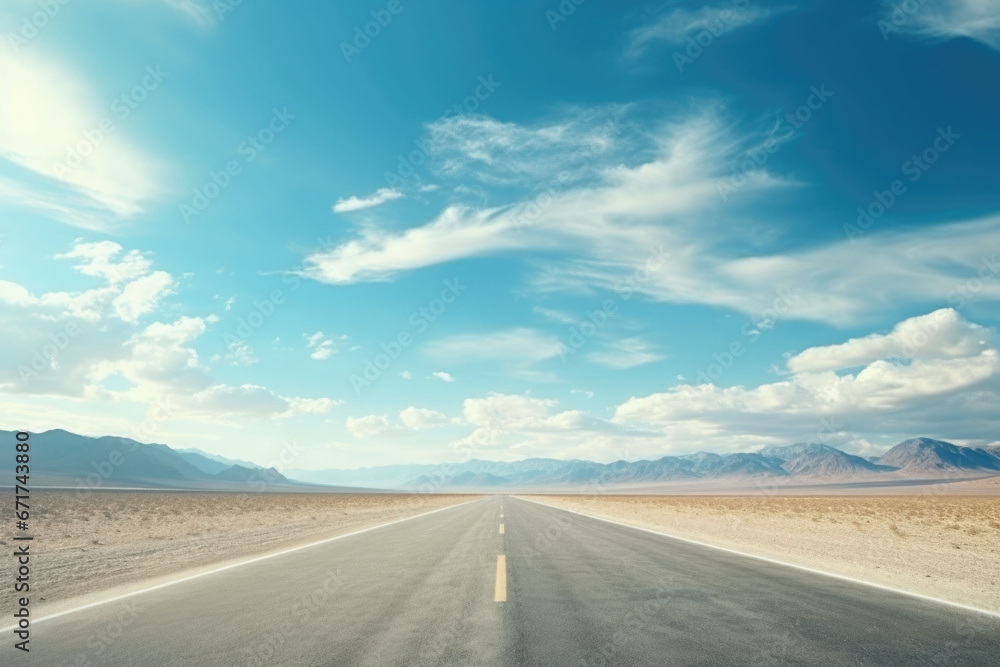 Fototapeta premium Highway and a blue sky. Asphalt road and beautiful countryside landscape. AI generated