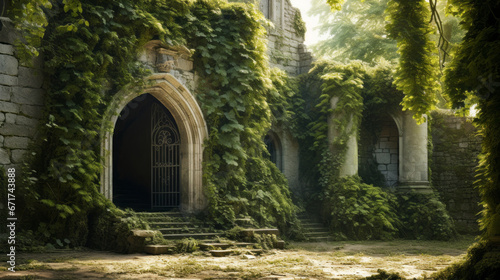 An old  forgotten castle with ivy-covered walls and a single  hidden door