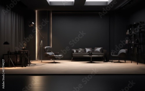 Sleek black studio room mockup with a well-lit floor, featuring a spotlight for showcasing products effectively. © Nattadesh