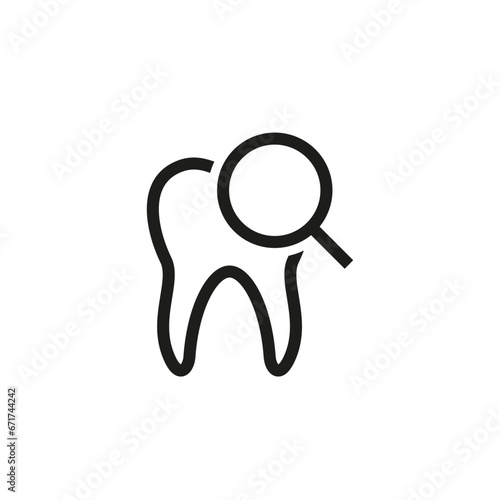 An icon of a human tooth and a magnifying glass. Dental examination, diagnosis and treatment of teeth.