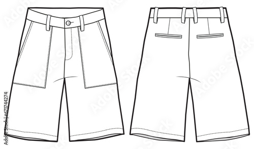 Men's formal Sartorial chino shorts front and back view flat sketch fashion illustration. Twill Shorts vector template cad drawing
