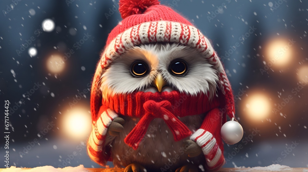 Adorable Owl in Red Hat and Scarf with Snowy Background Adorable Owl in Red Hat and Scarf with Snowy Background