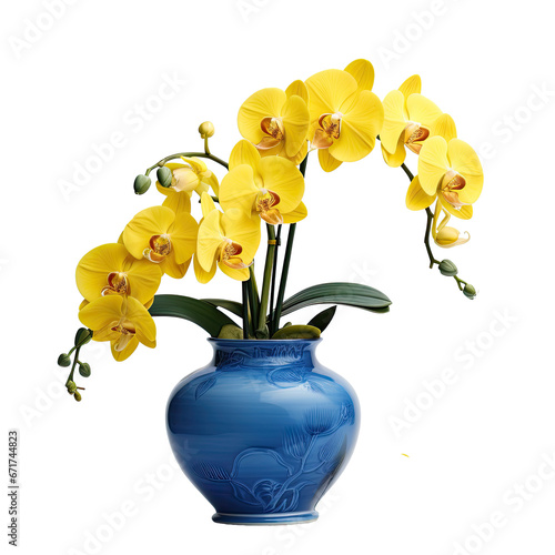 beautiful yellow blossoming orchid flowers on plant ,ornamental houseplant in blue vase, isolated on a transparent background. PNG, cutout, or clipping path.