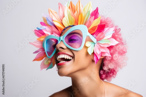 Colorful portrait of woman with feathered hairstyle and cool plastic glasses. photo