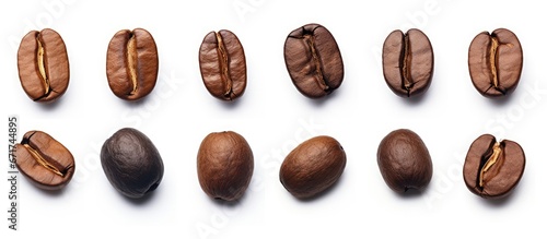 Macro closeup of coffee beans isolated on white photo