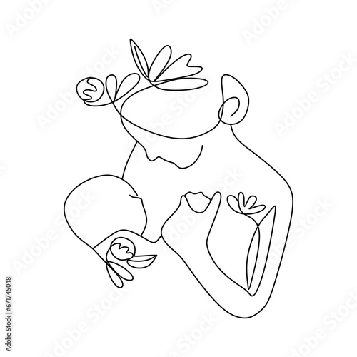 Minimal Line Art Illustration of Mother and Baby for Maternity, Breastfeeding and Emotional Family Concept