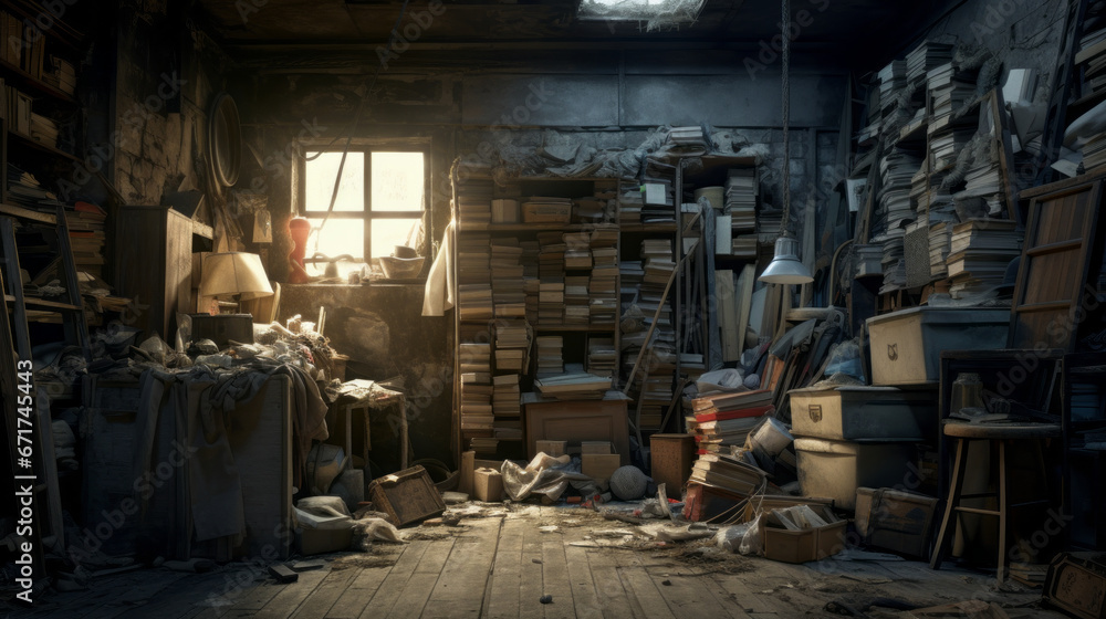 An old, forgotten storeroom with piles of forgotten items An old, forgotten storeroom with piles of forgotten items